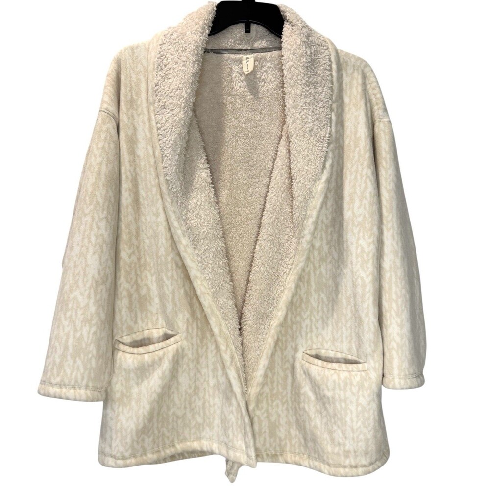 Womenโs HUE Open Front Sherpa Fleece Jacket Robe Beige L/XL Oversized Pockets